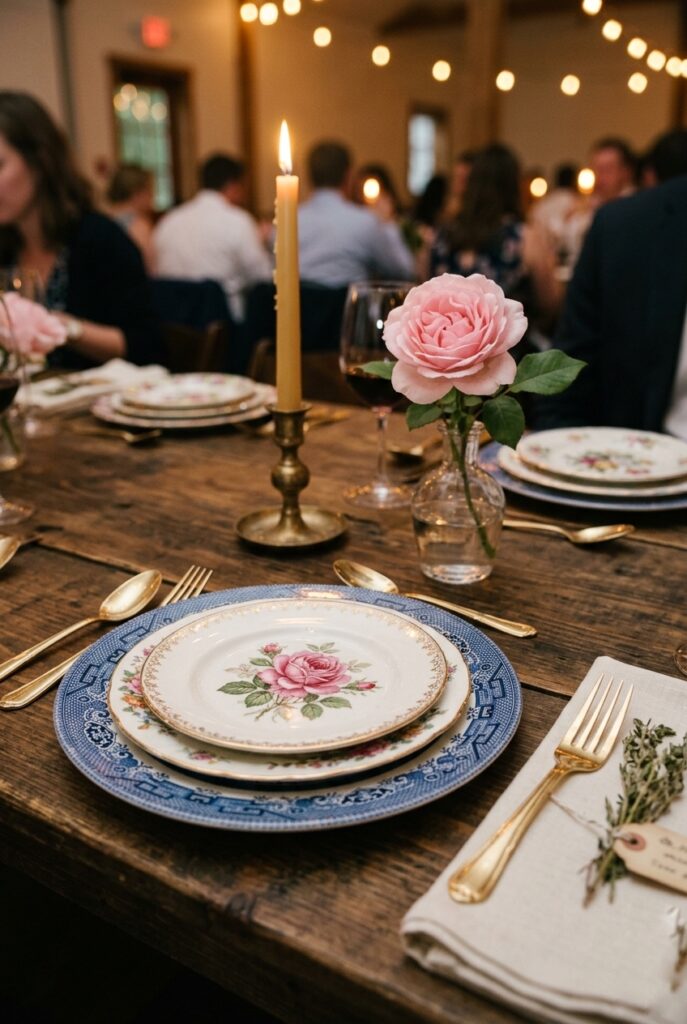 Wedding reception table set with mismatched vintage floral china plates in different patterns, gold flatware, bud vases with single garden roses, and taper candles creating an intimate dinner party atmosphere