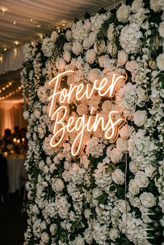 Custom neon sign in warm pink light reading a personal phrase or wedding date mounted against a white floral wall backdrop at a wedding reception with soft ambient lighting