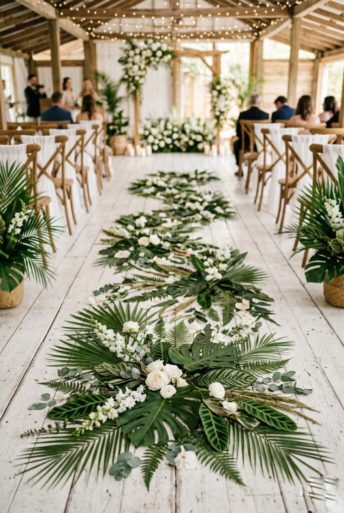 Wedding ceremony aisle with a hand-laid pressed botanical runner made of large tropical leaves and white florals creating an organic, asymmetric path down the center of a white venue floor
