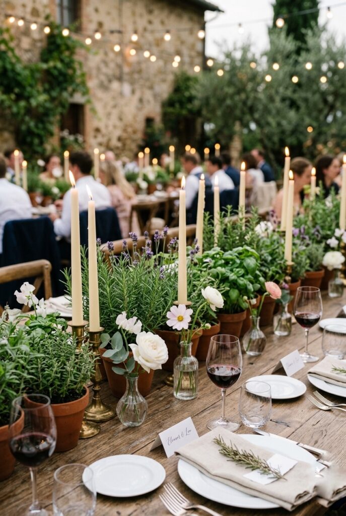 Wedding reception table runner made of small potted rosemary, lavender, and basil plants interspersed with taper candles and small white flowers creating a fragrant, garden-to-table aesthetic