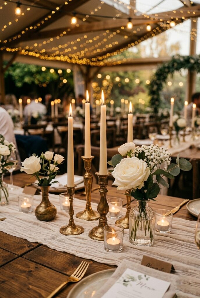 Wedding reception dinner table covered with taper candles in mismatched candlesticks at varying heights alongside small votive candles and white florals on a white linen tablecloth