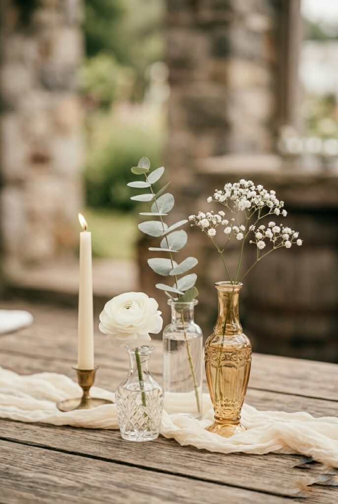 Three mismatched bud vases of varying heights holding single stems of white roses, eucalyptus, and baby's breath clustered together as a wedding reception table centerpiece on a wooden table