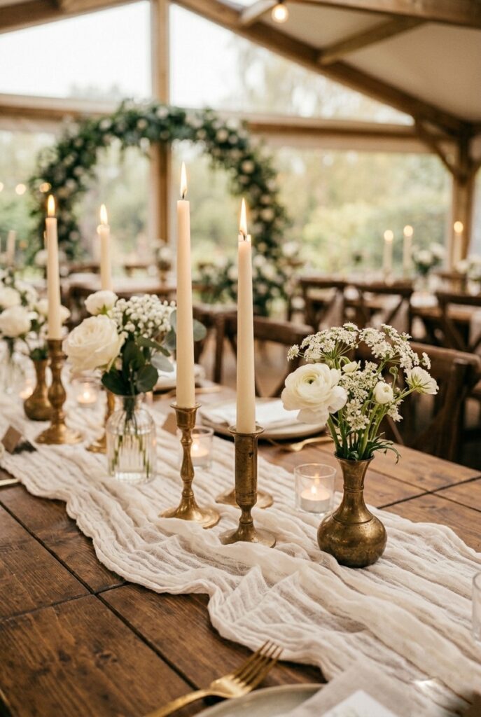Wedding reception table with a flowing cream cheesecloth table runner draped softly over the edges of a white tablecloth, topped with taper candles and small wildflower bud vases