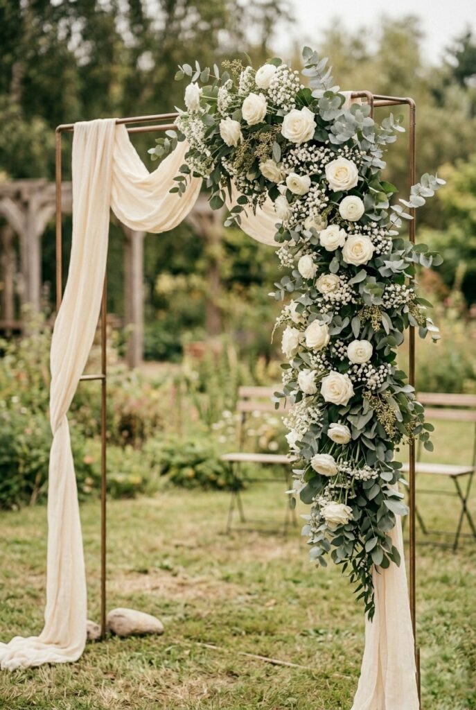 Simple DIY wedding ceremony arch made from a metal frame decorated with eucalyptus bundles, white roses, and baby's breath from a grocery store, standing outdoors in natural light
