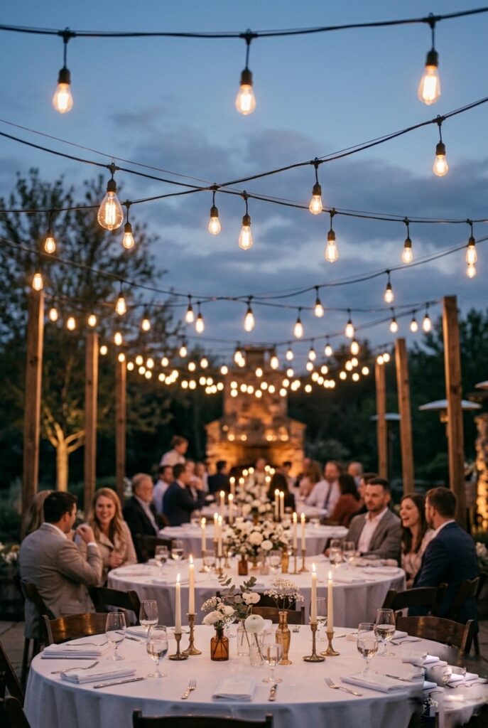 Outdoor wedding reception at dusk with warm Edison bulb string lights hung in a canopy pattern overhead above round dinner tables with simple white linens and candles