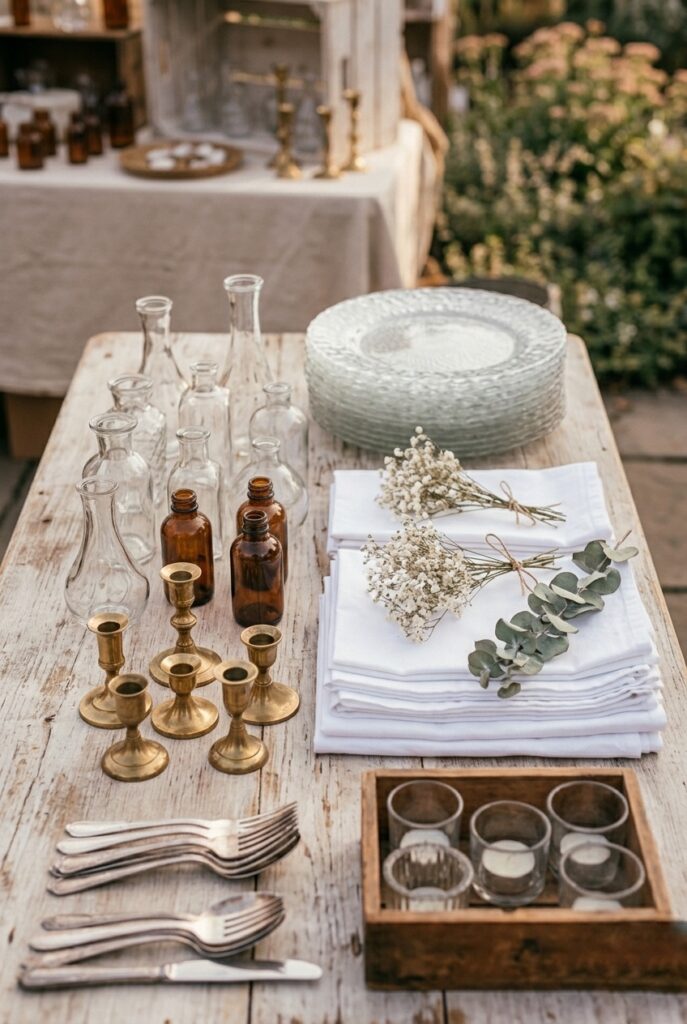 Collection of wedding décor items including glass vases, charger plates, candle holders, lanterns, and table linens laid out on a table sourced from secondhand marketplace