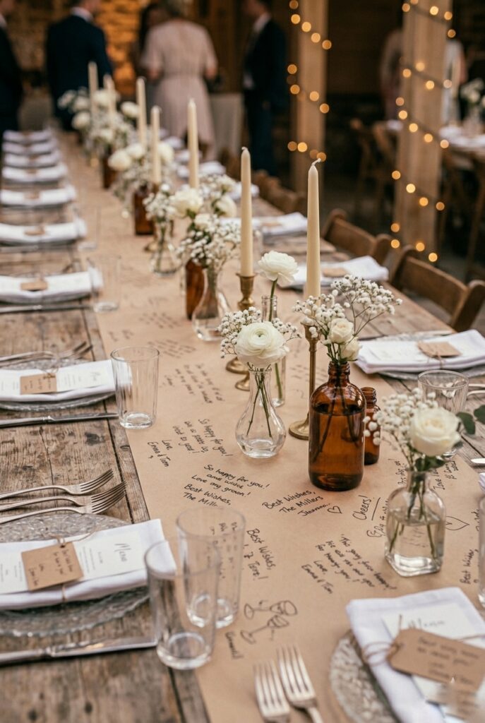 Long farmhouse wedding table with a lush eucalyptus and fern greenery garland runner down the center interspersed with taper candles and small white flower accents on white linen