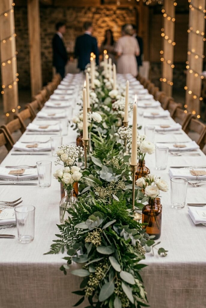 📷 [IMAGE 8 HERE] Alt text: Long wedding reception table with a kraft paper runner down the center covered in guests' handwritten notes and well-wishes, surrounded by taper candles and small floral bud vases