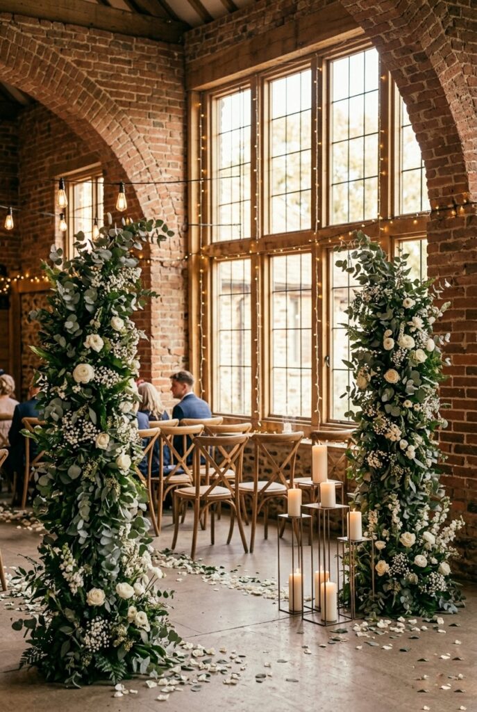 Wedding ceremony using a venue's existing brick wall and windows as a natural backdrop, dressed only with two tall greenery arrangements and white pillar candles on either side of the couple