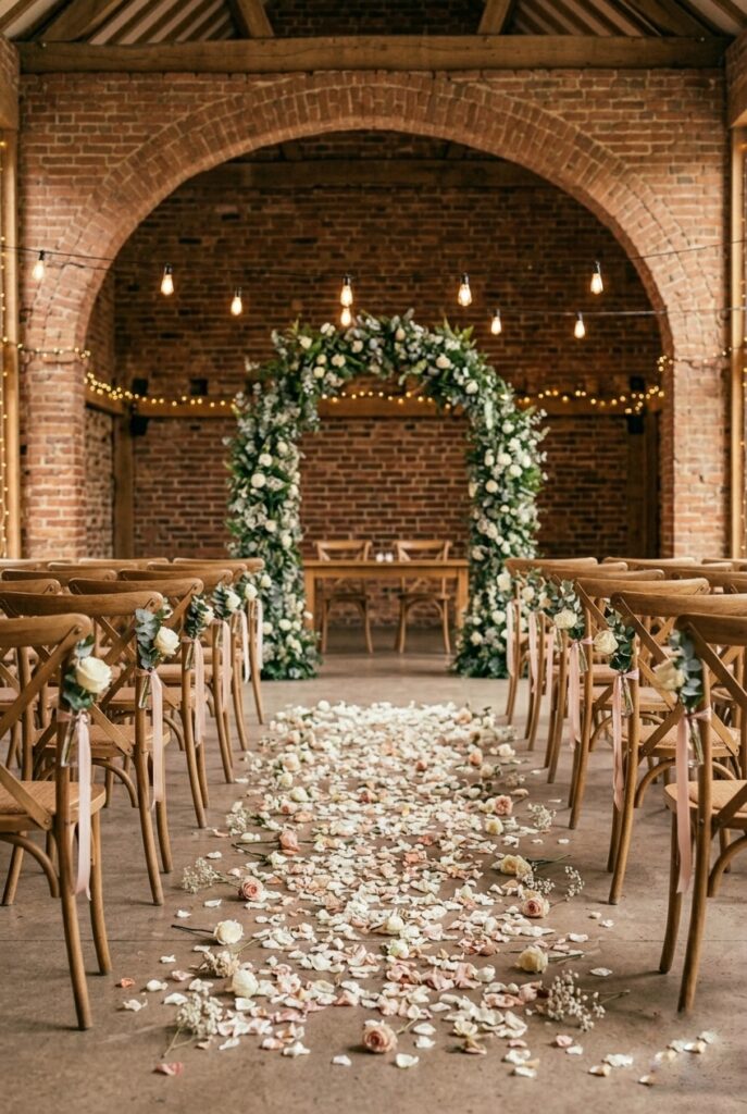 Wedding ceremony aisle with scattered freeze-dried rose petals and white flower heads leading to a simple greenery arch, with single bud vases tied to the end chairs with ribbon