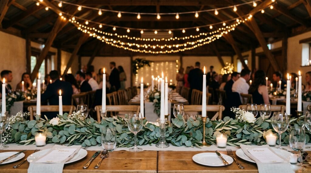 Romantic budget wedding reception tablescape with white candles, eucalyptus greenery runner, and warm string lights overhead in a warmly lit venue hall — horizontal landscape