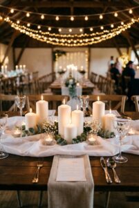 Elegant wedding reception table with clusters of white pillar candles and tea lights at varying heights on white linen — portrait orientation
