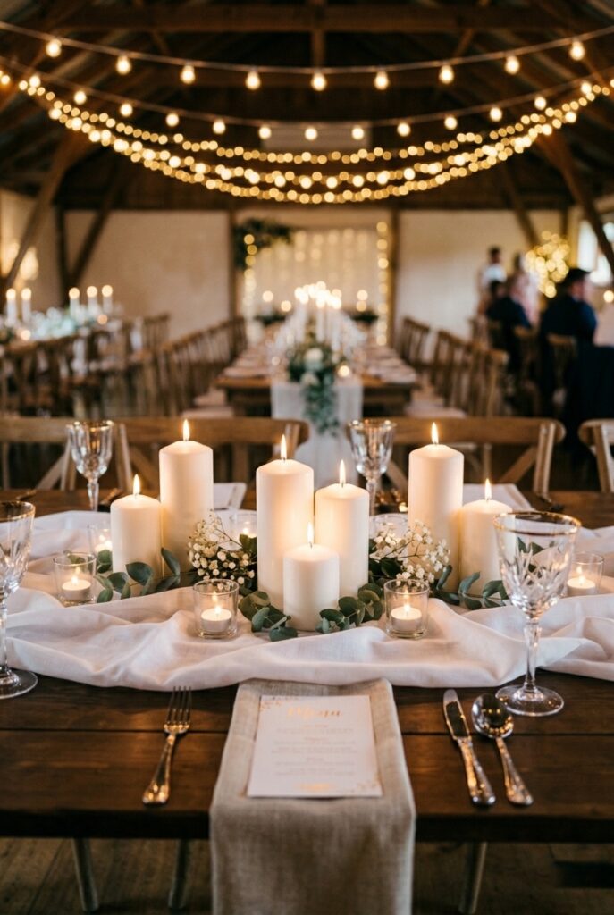 Elegant wedding reception table with clusters of white pillar candles and tea lights at varying heights on white linen — portrait orientation
