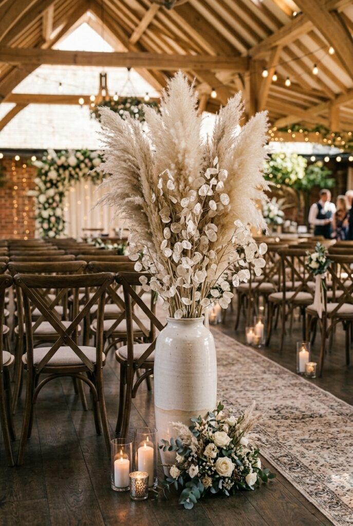 Tall vase with dried pampas grass and dried lunaria stems used as wedding aisle decor in a boho ceremony space — portrait orientation