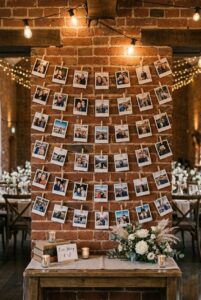 Twine string with clothespin-hung couple photos as wedding backdrop wall decoration in a rustic reception venue — portrait orientation