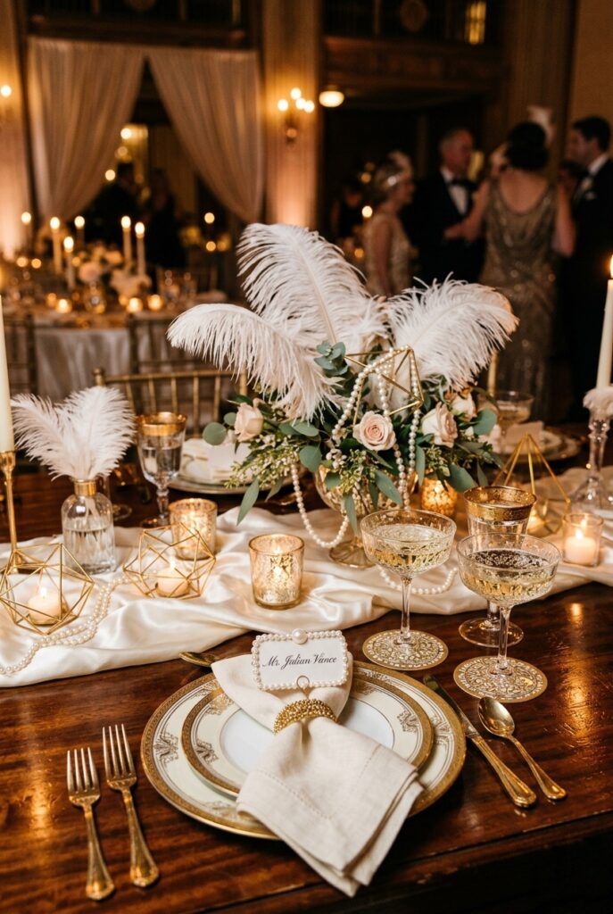 1920s Art Deco vintage wedding tablescape with gold geometric accents, coupe glasses, feather centerpieces, and ivory linens — portrait 2:3
