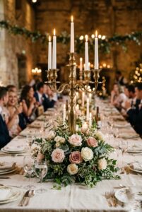 Tall brass candelabra with white taper candles and trailing garden roses on a vintage wedding reception table — portrait 2:3