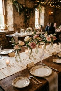 Vintage wedding table with sheet music pages laid flat as a table runner, with small bud vases of garden roses and antique place settings — portrait 2:3