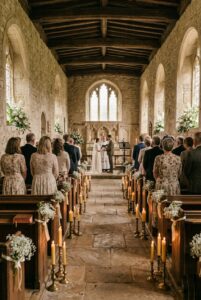 Vintage wedding ceremony in a historic stone chapel with natural arched windows, flower-lined pews, and candlelit aisle — no added arch or backdrop — portrait 2:3