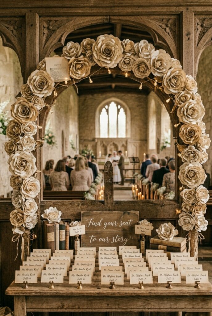 Handcrafted paper roses made from vintage book pages displayed on a wedding arch and escort card table — portrait 2:3