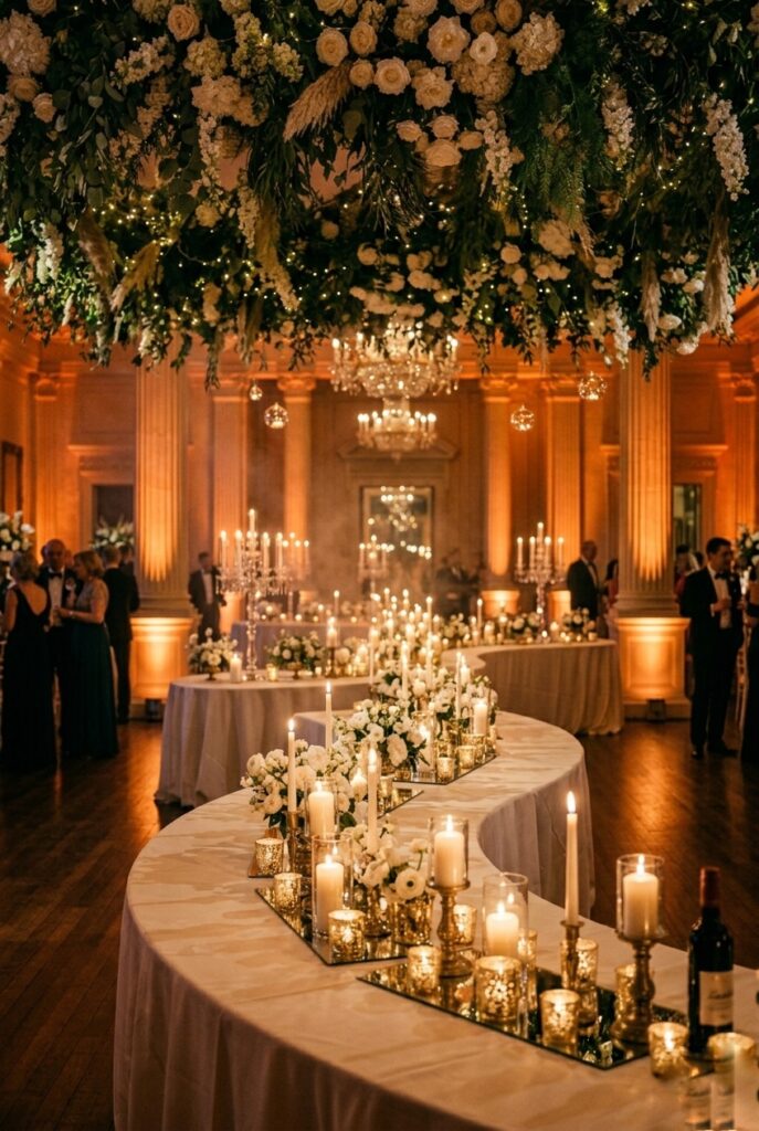 Elegant indoor wedding reception with curved serpentine tables draped in ivory linen, lush low floral centerpieces, and taper candles in a grand ballroom — portrait 2:3