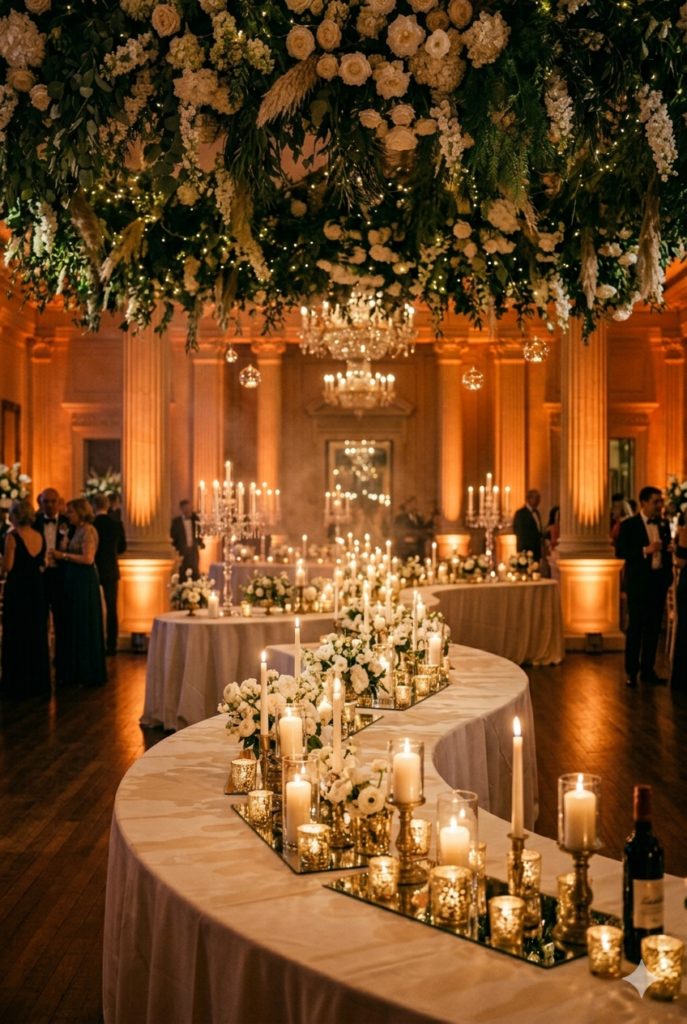 Indoor wedding ballroom with warm amber uplighting, hundreds of flickering candles on tables reflected in mirrored vessels, and soft pendant lights overhead — portrait 2:3
