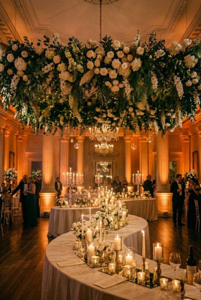 Stunning suspended floral canopy of white roses and greenery hanging above a wedding reception dining table in an elegant ballroom with high ceilings — portrait 2:3