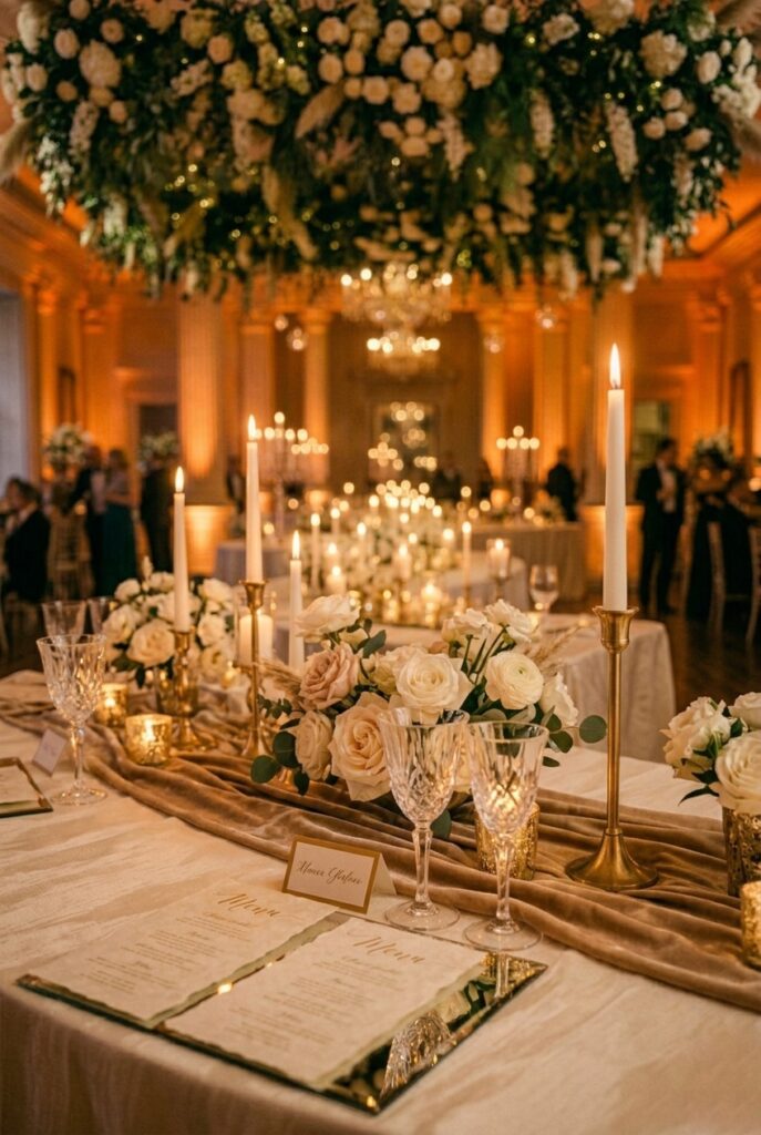 Elegant indoor wedding tablescape with layered ivory linen, velvet table runner, crystal glassware, taper candles, low garden rose centerpiece, and textured place settings — portrait 2:3