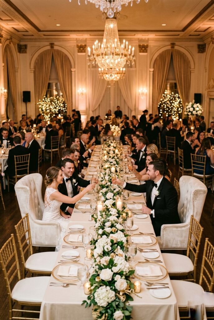Wedding reception table with dozens of white taper candles and votives clustered in mirrored and brass metallic vessels creating warm reflected candlelight — portrait 2:3