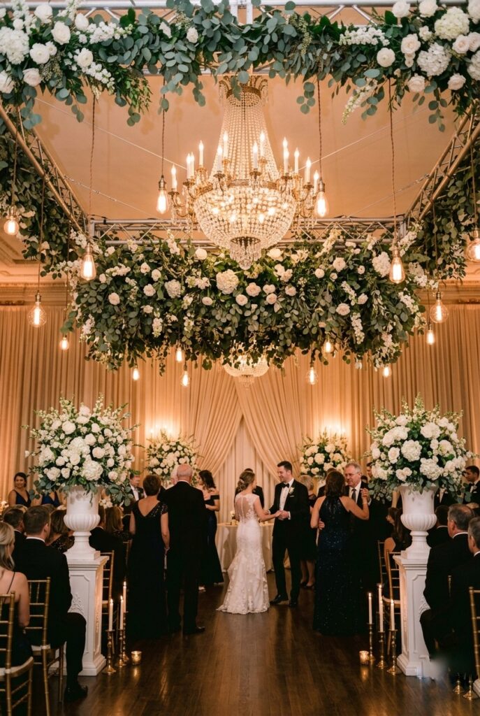 Indoor wedding reception dance floor with hanging eucalyptus and white flower garland installation suspended from ceiling rigging above, warm Edison pendant lights between greenery — portrait 2:3