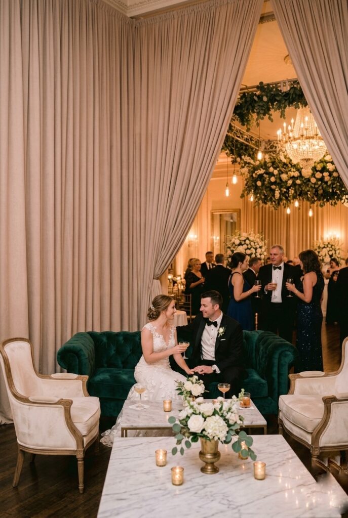 Elegant indoor wedding cocktail hour lounge vignette with velvet sofa, two upholstered armchairs, low coffee table with candles and flowers, warm ambient lighting in a ballroom corner — portrait 2:3