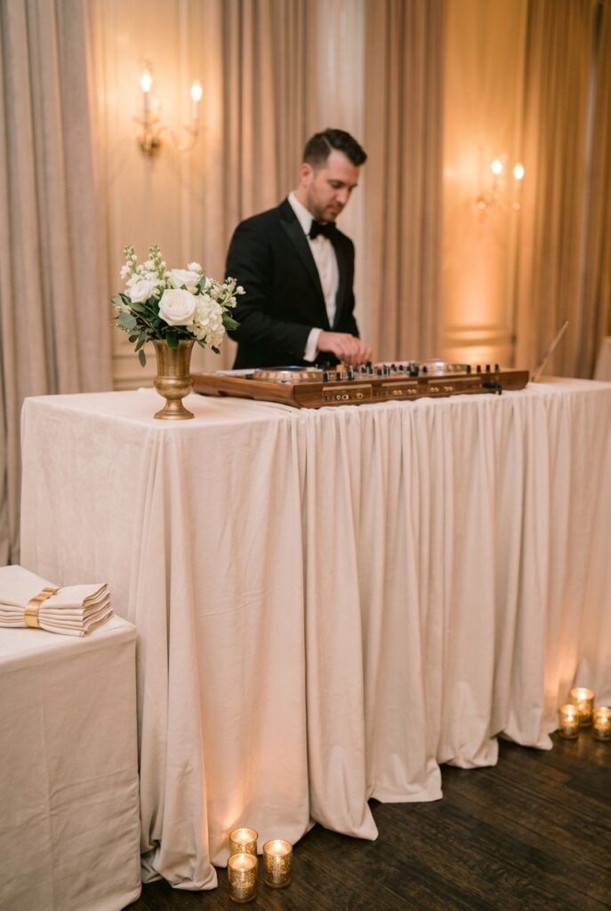 Elegant indoor wedding DJ setup with a linen-draped facade, small floral arrangement on the side, and warm lighting that matches the reception ballroom aesthetic — portrait 2:3