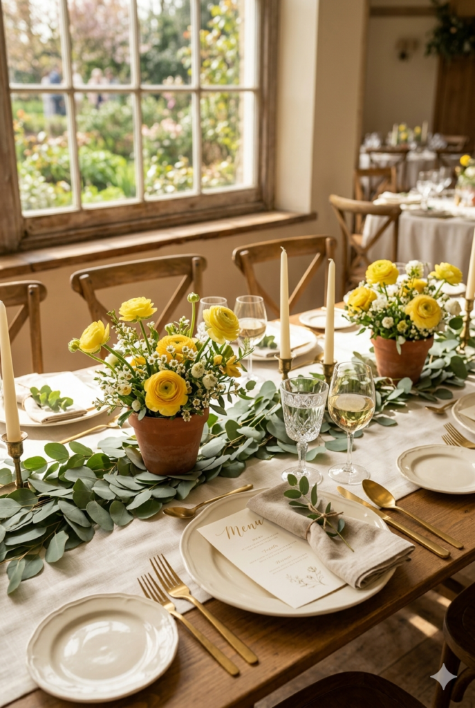 Spring wedding tablescape with butter yellow ranunculus centerpieces in terracotta pots, sage green eucalyptus garland runner, warm natural light, rustic wood table — portrait 2:3