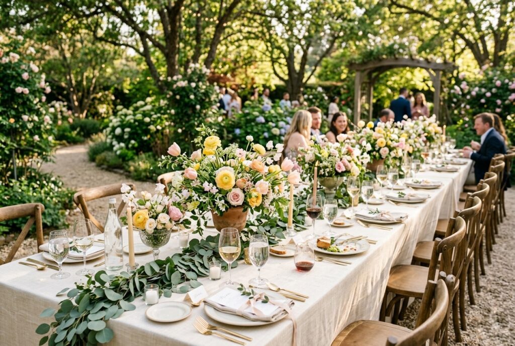 Romantic outdoor spring wedding reception with long table draped in ivory linen, overflowing tulip and peony centerpieces, butter yellow and blush florals, dappled natural sunlight through garden trees — landscape 3:2