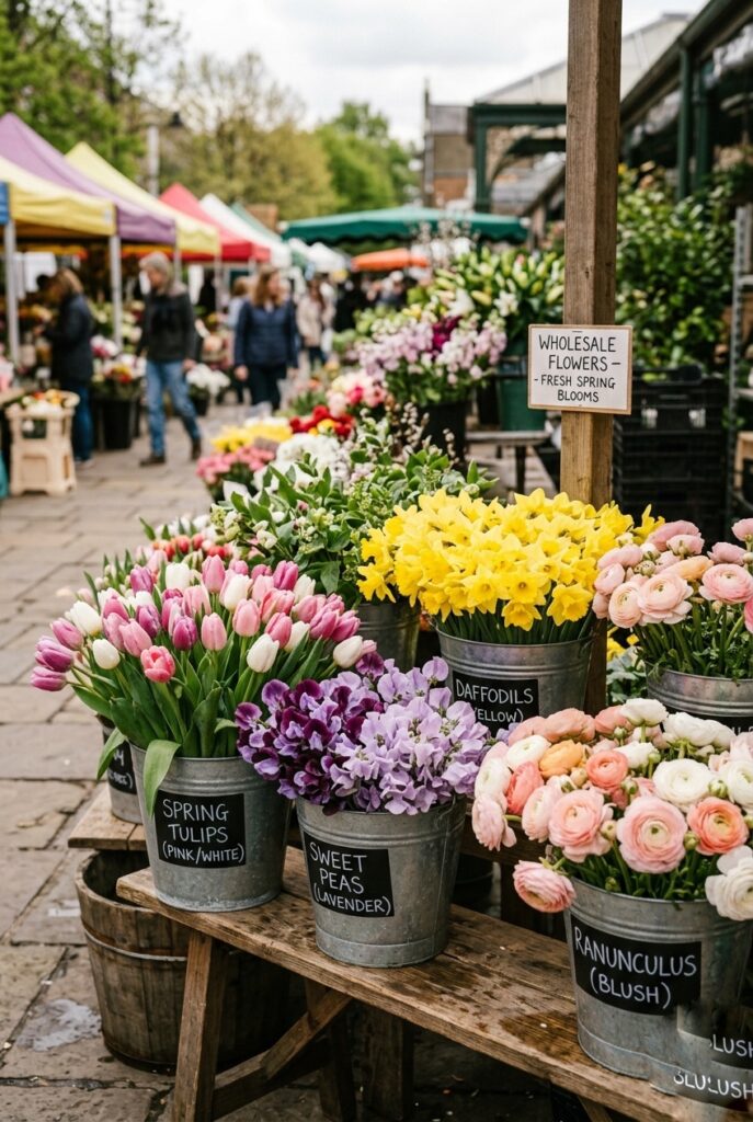  Bulk spring flowers in buckets including tulips, peonies, sweet peas, and ranunculus at a wholesale flower market — portrait 2:3