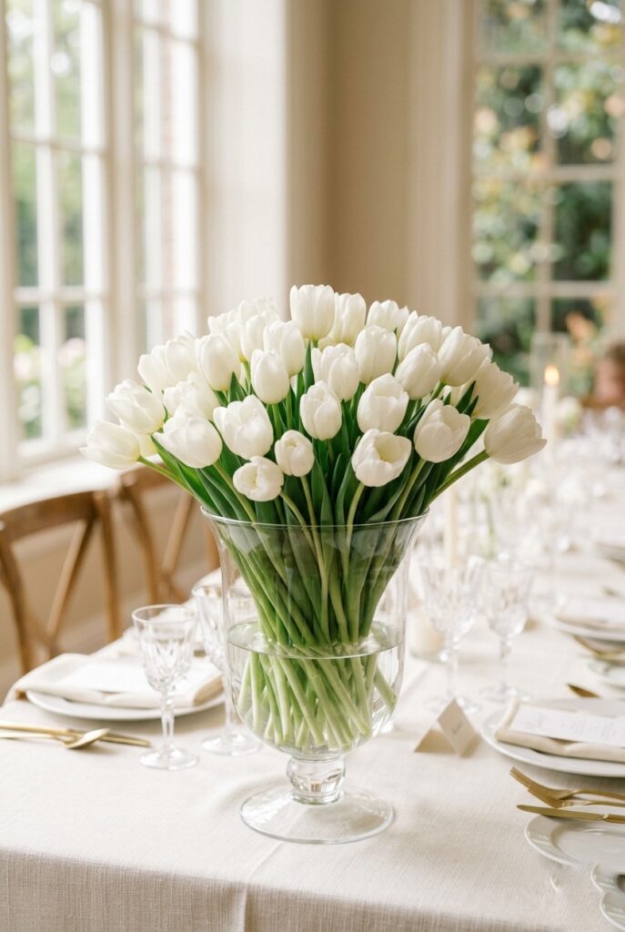 Spring wedding centerpiece of all-white tulips in a simple clear glass compote vase, dozens of stems, no mixed flowers, soft natural light — portrait 2:3