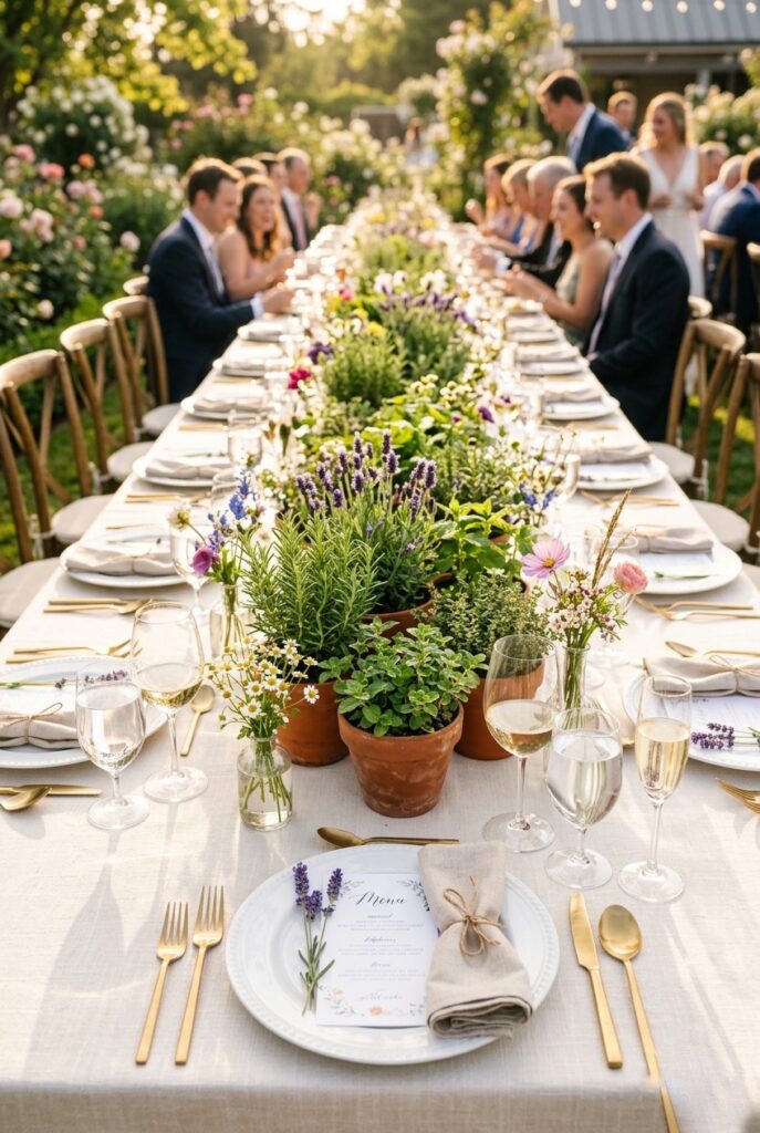  Spring wedding reception table with a living herb runner of potted rosemary, lavender, thyme, and mint plants down the center, small bud vases with wildflowers between pots, linen tablecloth — portrait 2:3