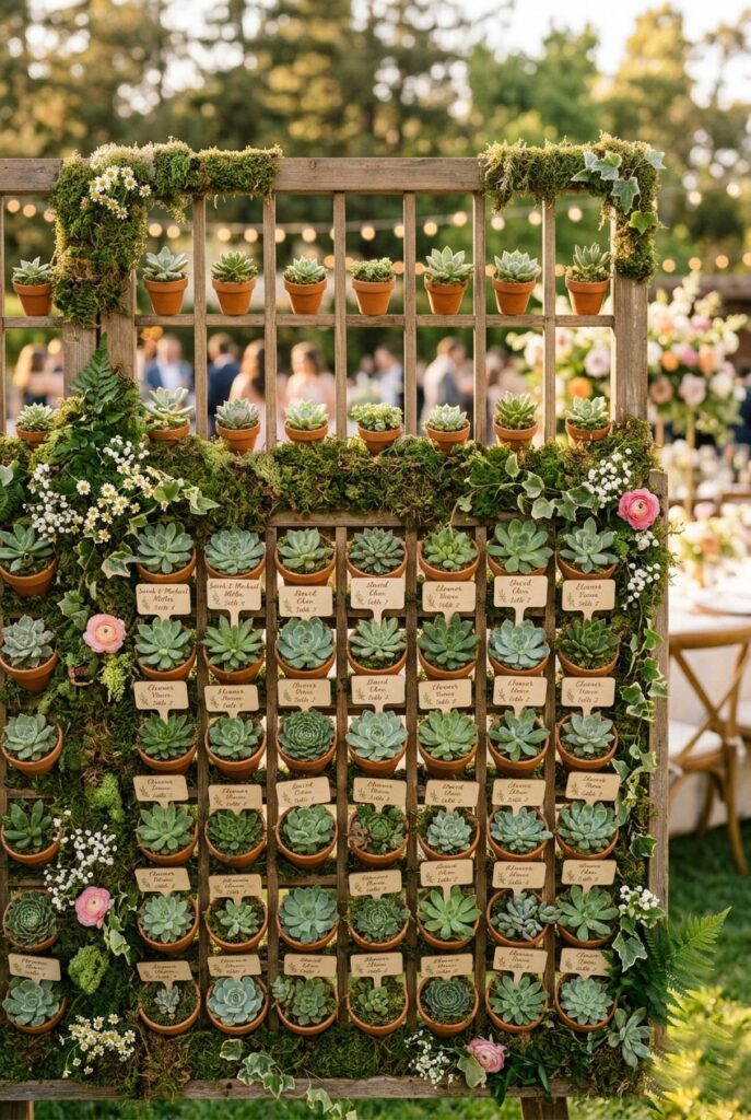Spring wedding escort card display using a wooden grid wall with small succulent pots bearing guest name tags on wooden sticks, surrounded by greenery — portrait 2:3