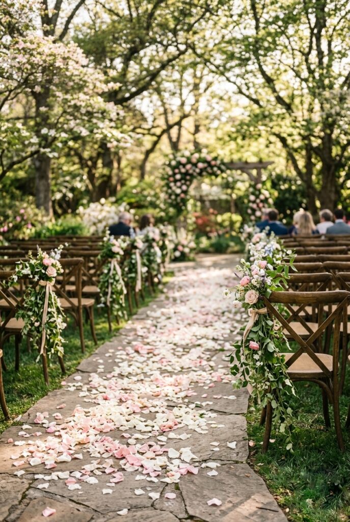 Outdoor spring wedding ceremony aisle lined with loose scattered rose petals and wildflower stems in blush and white, natural garden setting — portrait 2:3
