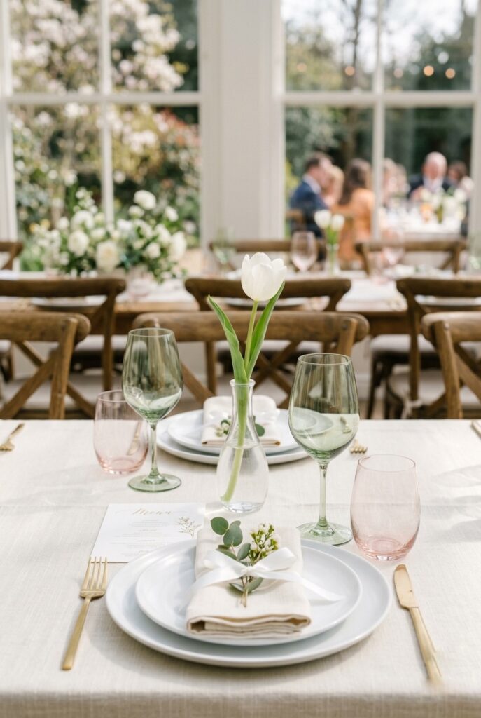 Spring wedding tablescape featuring sage green and blush tinted wine glasses at place settings, white linen, simple white flower bud vases, no heavy centerpiece — portrait 2:3