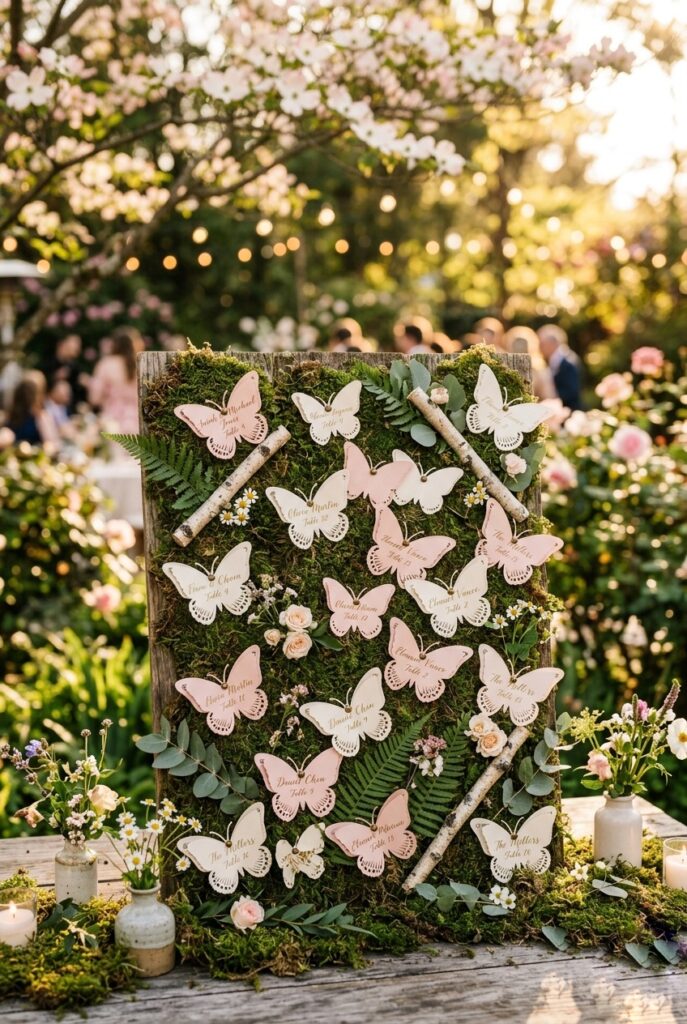 Spring wedding escort card display with individual paper butterfly escort cards pinned to a moss-covered board or hanging from thin twine on a wooden frame — portrait 2:3
