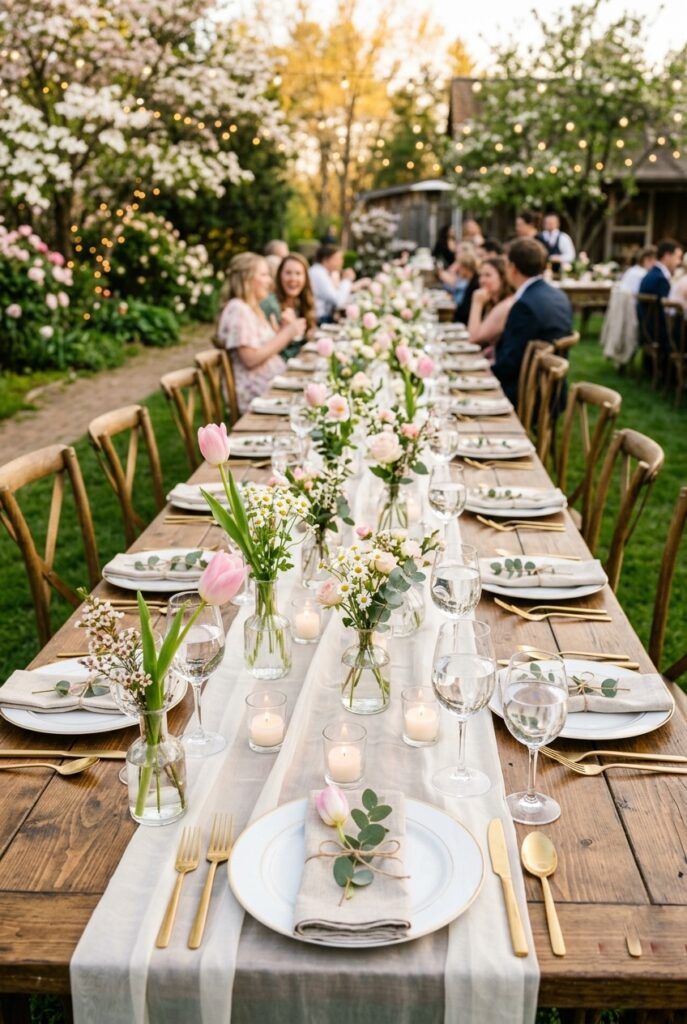 Spring wedding farm table with sheer organza table runner letting natural wood grain show through, small bud vases with tulips and daisies, gold cutlery, warm afternoon light — portrait 2:3