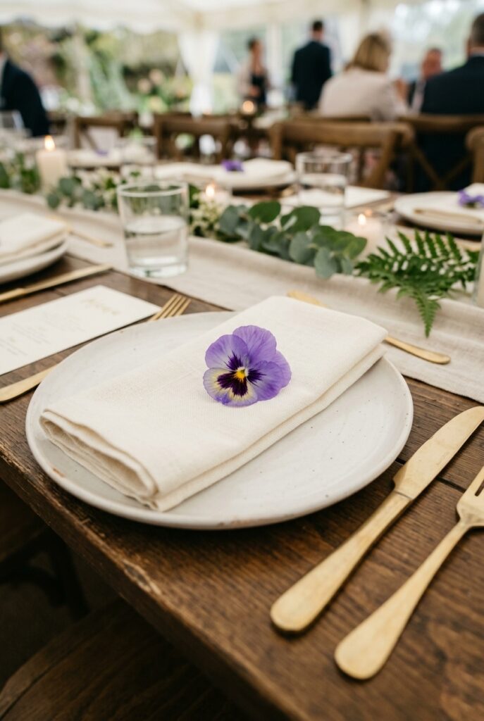 Spring wedding place setting with a single fresh edible flower — pansy or viola — placed on a folded ivory linen napkin at each seat, white plates, golden cutlery — portrait 2:3