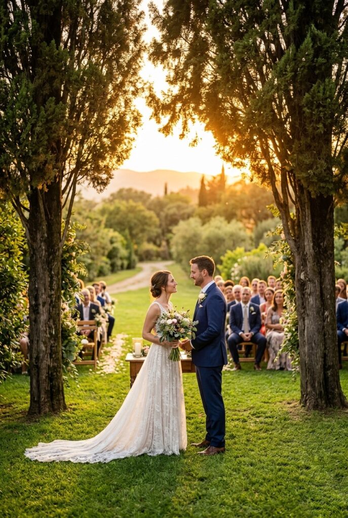 Outdoor summer wedding ceremony at golden hour with couple framed by warm amber sunlight between two tall cypress trees, no arch or backdrop, natural setting — portrait 2:3