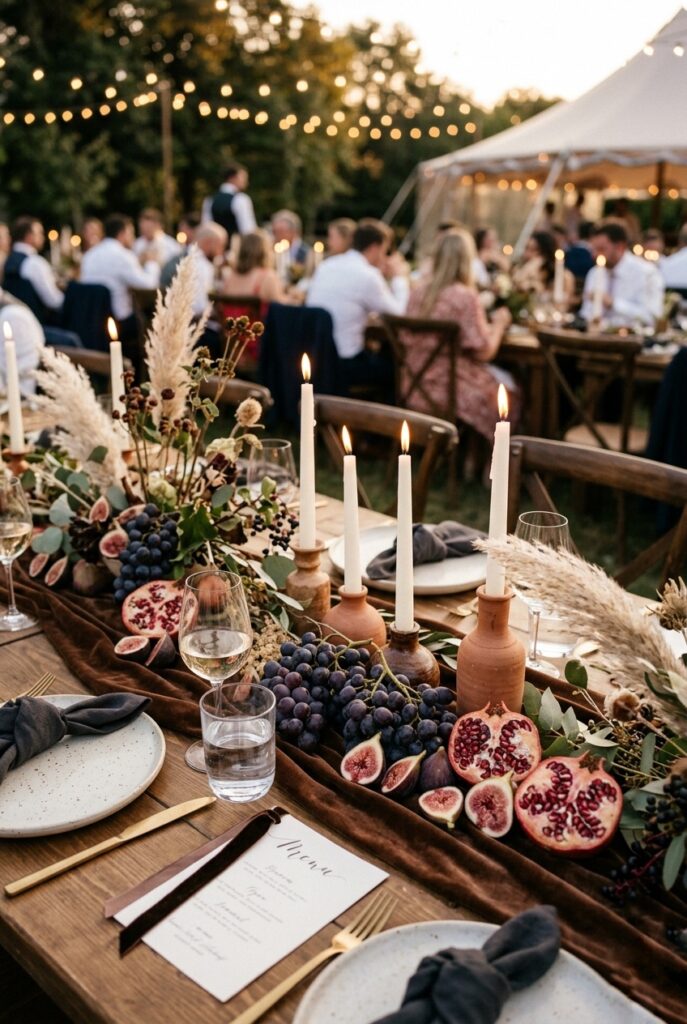 Elegant summer wedding tablescape with clusters of dark purple grapes, halved figs, pomegranate halves, and scattered dried botanicals on a cocoa velvet runner, white pillar candles, terracotta vessels — portrait 2:3
