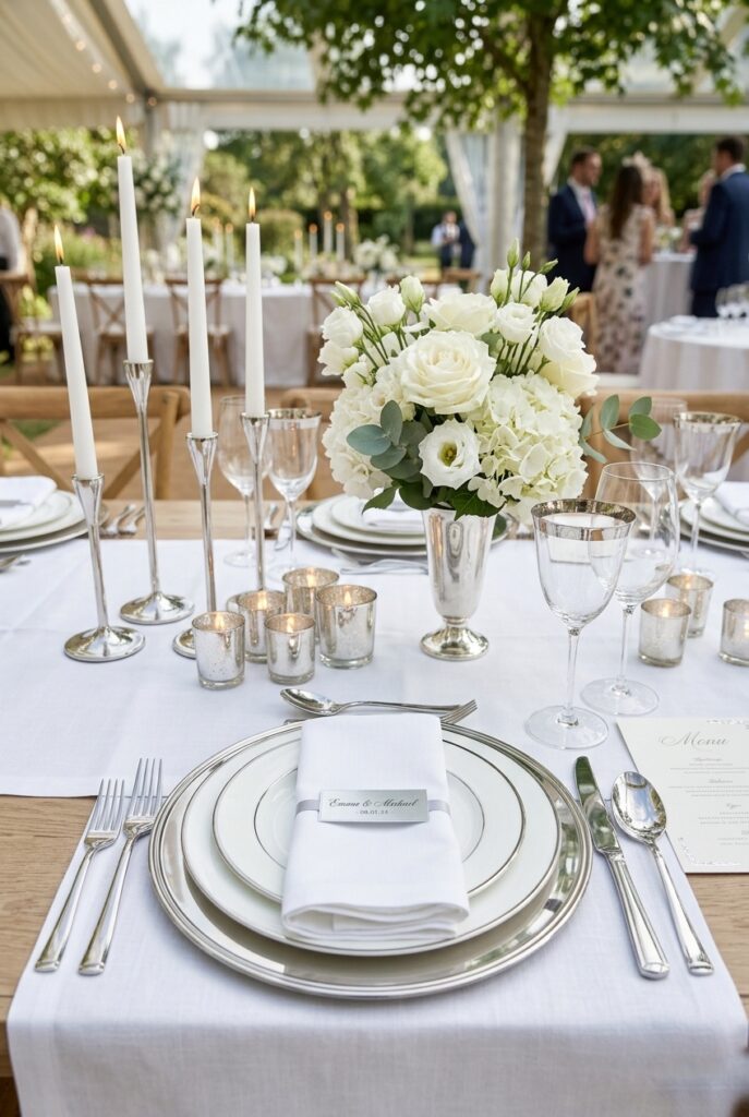 Elegant summer wedding tablescape with sleek silver candleholders, silver-rimmed charger plates, mirrored silver votive cluster, white florals in silver vessels, crisp white linen — portrait 2:3