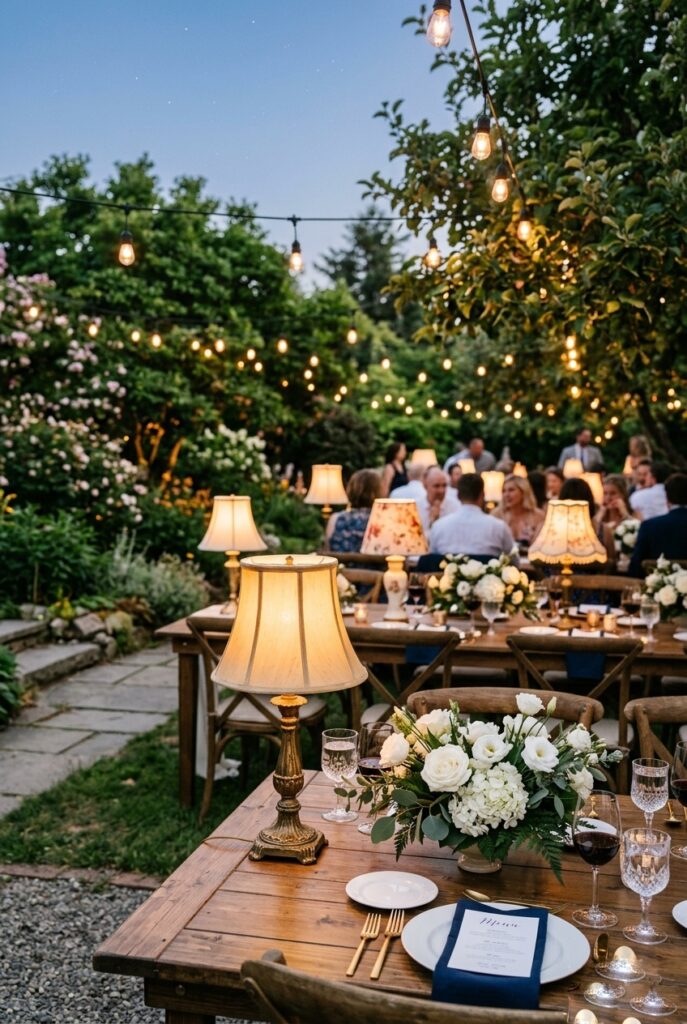 Intimate summer wedding evening reception with small vintage-style table lamps with warm bulbs on each guest table alongside low floral clusters, intimate dinner party feel — portrait 2:3