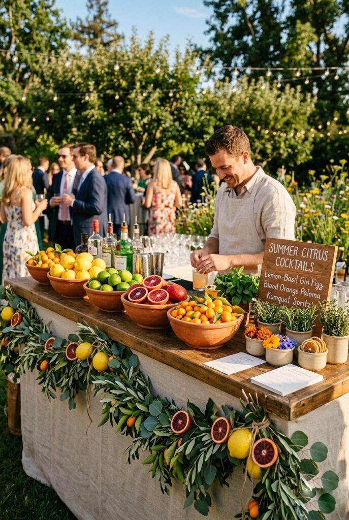 Styled summer wedding cocktail bar with whole lemons, limes, and blood oranges displayed in terracotta bowls, citrus garland draped along bar edge, botanical cocktail garnishes, linen bar cloth — portrait 2:3