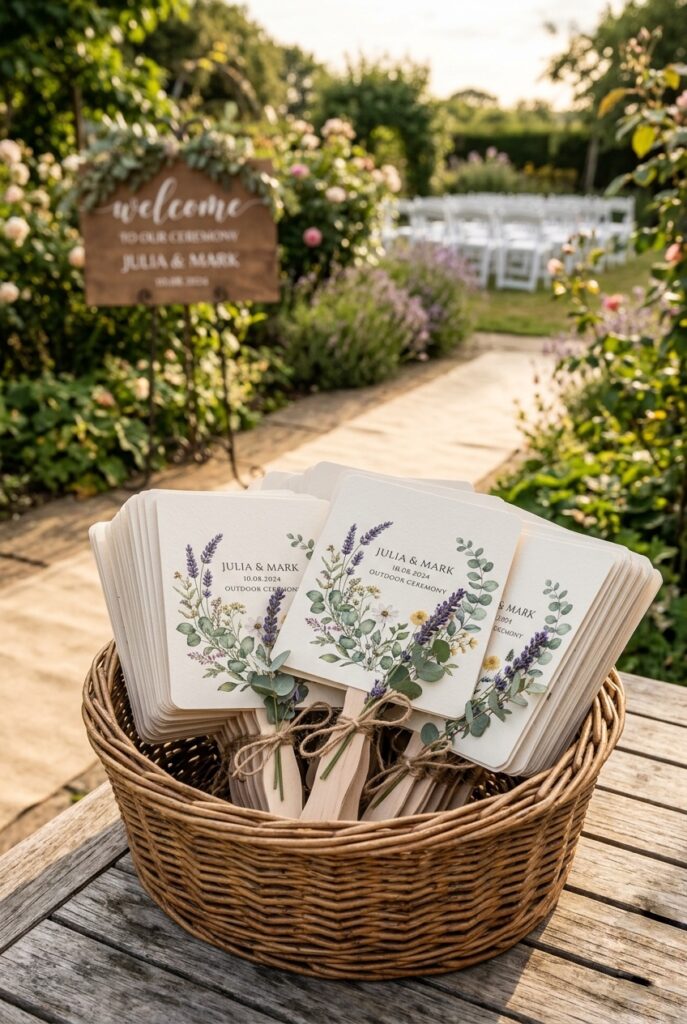  Hand-held paper fans with wedding program printed on front, lavender sprig tied with twine to fan handle, stacked in a basket at summer wedding ceremony entrance — portrait 2:3