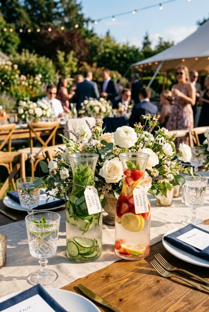 Summer wedding reception table with clear glass carafes filled with cucumber mint water and strawberry lemon water, fresh citrus slices floating inside, styled alongside floral centerpiece — portrait 2:3